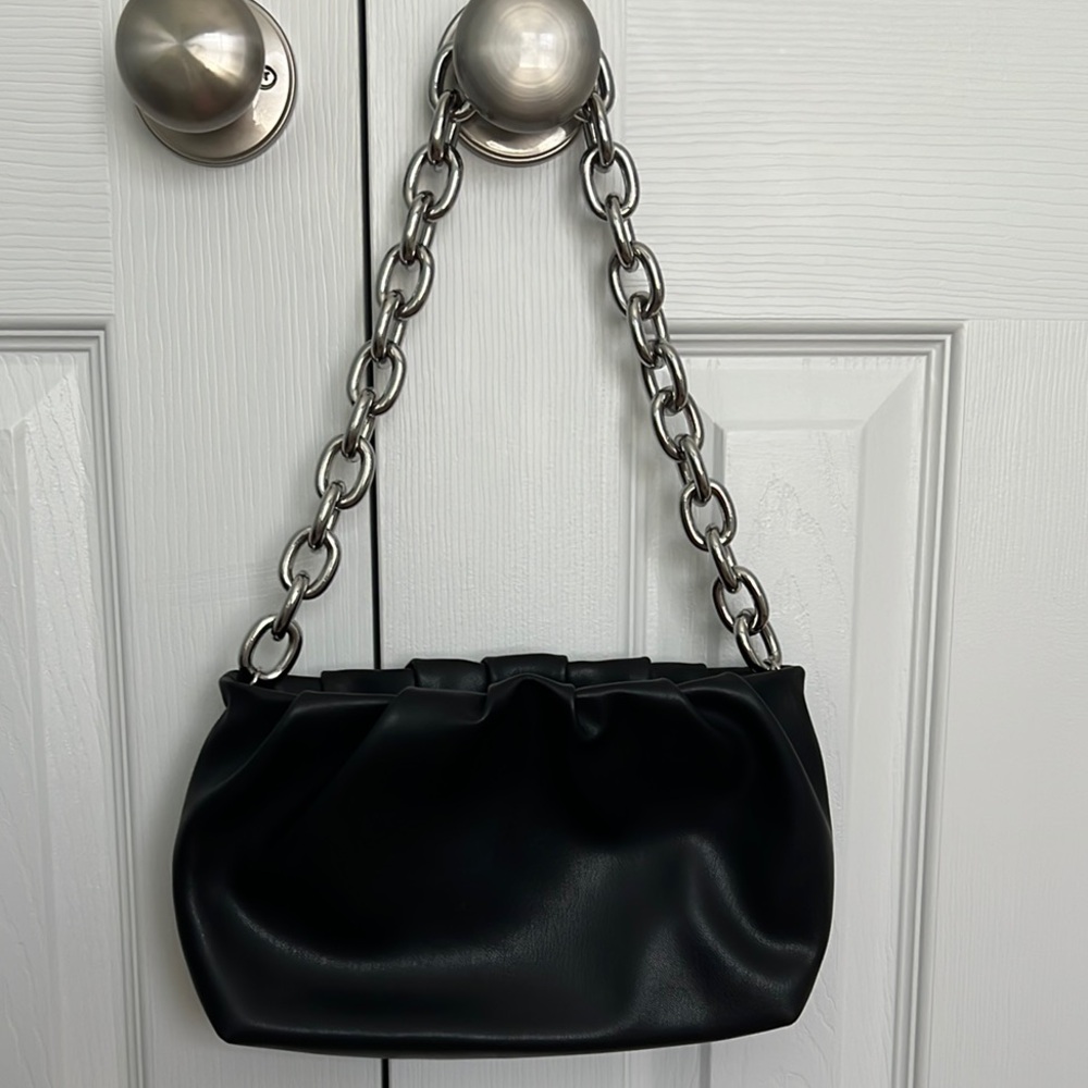 H&M Black and Silver Chain Shoulder Bag with Ruched Design